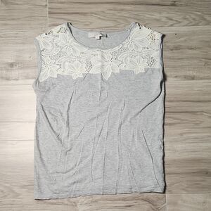 LOFT Womens Gray White Lace Accent Sleeveless Round Neck Blouse XS Casual Top